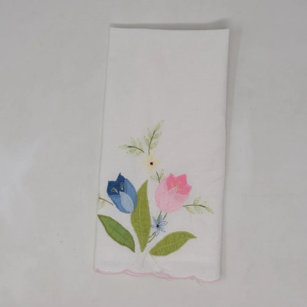 Guest Hand Towel Applique Rectangle Embroidered Cotton Cottagecore Floral Tulips